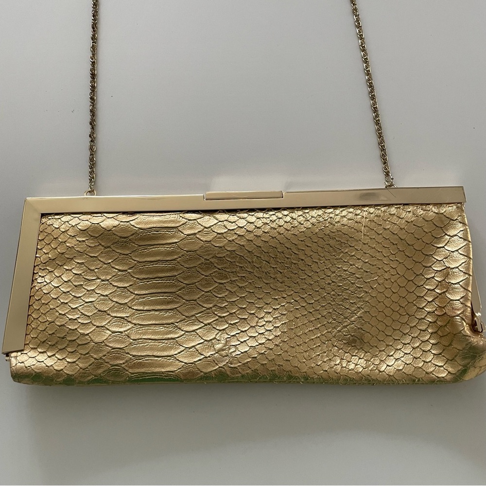 Vintage Jessica McClintock Snakeskin Metallic Gold Clutch Purse with Chain Strap